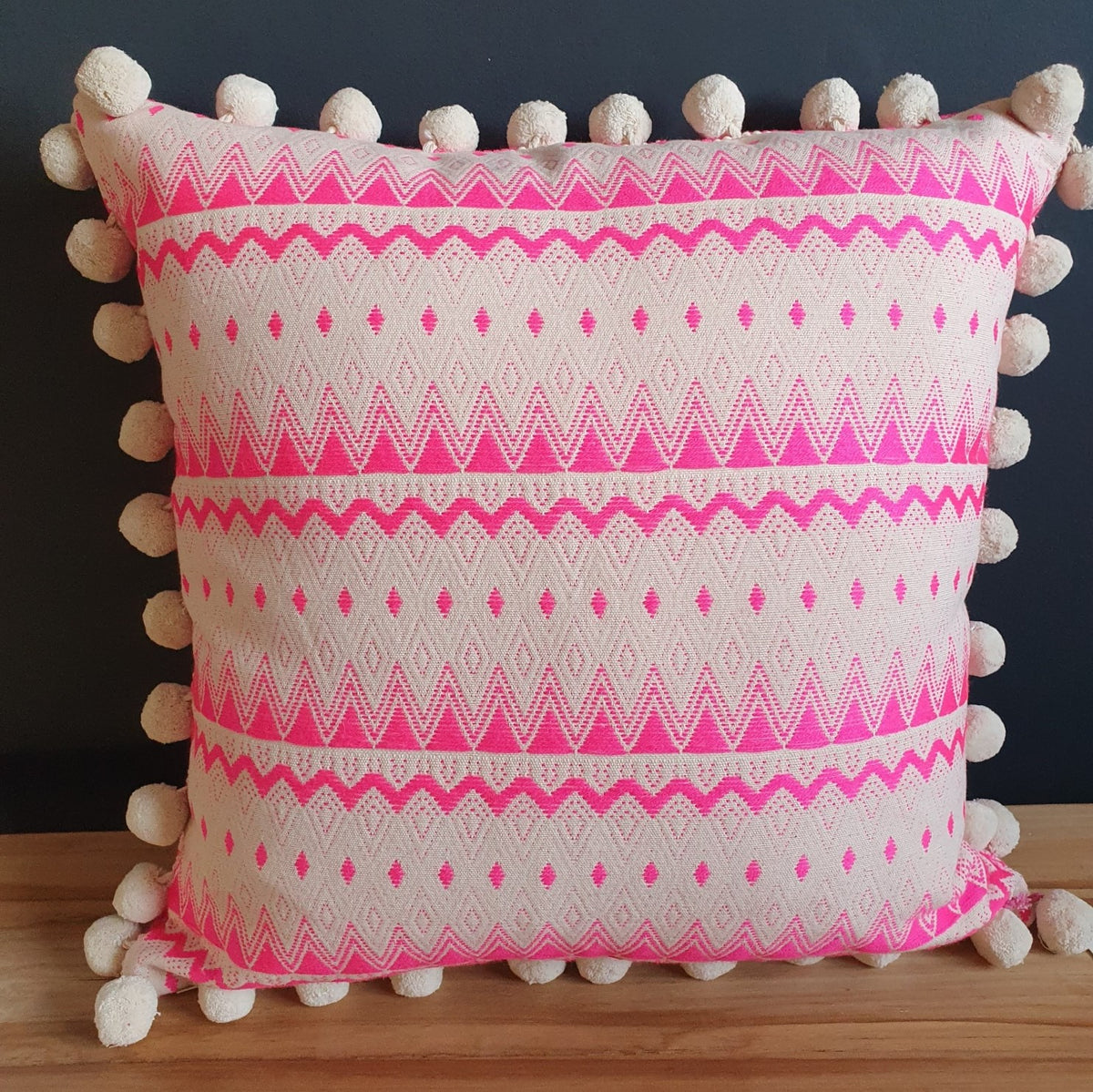 Neon Pink Cushion With Pom Poms Mango The Moon Ltd