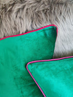 Load image into Gallery viewer, Emerald Green Silky-Smooth Plush Velvet Scatter Cushion with Magenta Piping.
