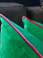 Load image into Gallery viewer, Emerald Green Silky-Smooth Plush Velvet Scatter Cushion with Magenta Piping.
