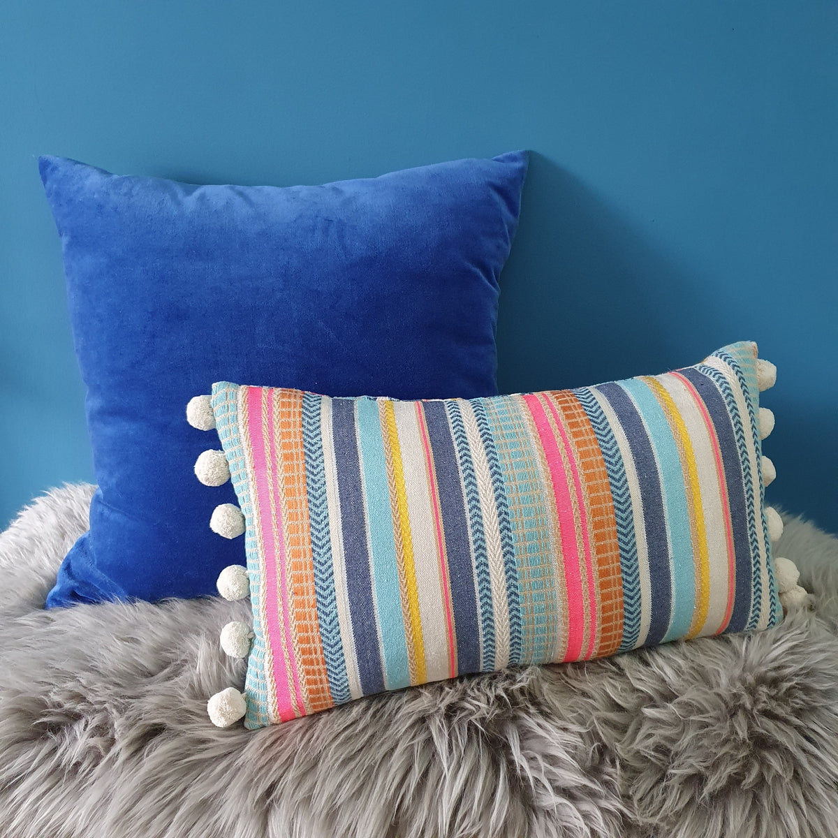 Denim Sherbet Stripe Rectangular Cushion with Pom Poms