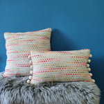 Load image into Gallery viewer, Angels Delight Slubby Cushion with Pom poms
