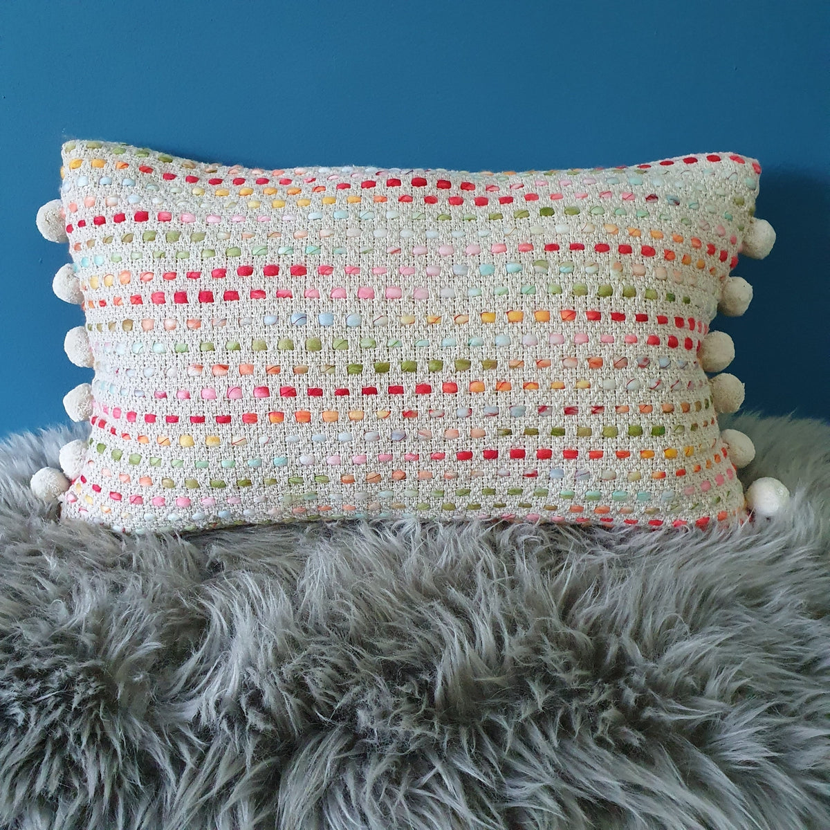 Angels Delight Slubby Cushion with Pom poms