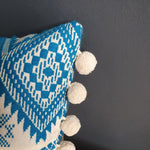 Load image into Gallery viewer, Aztec Teal Large Rectangular Cushion with Pom Poms
