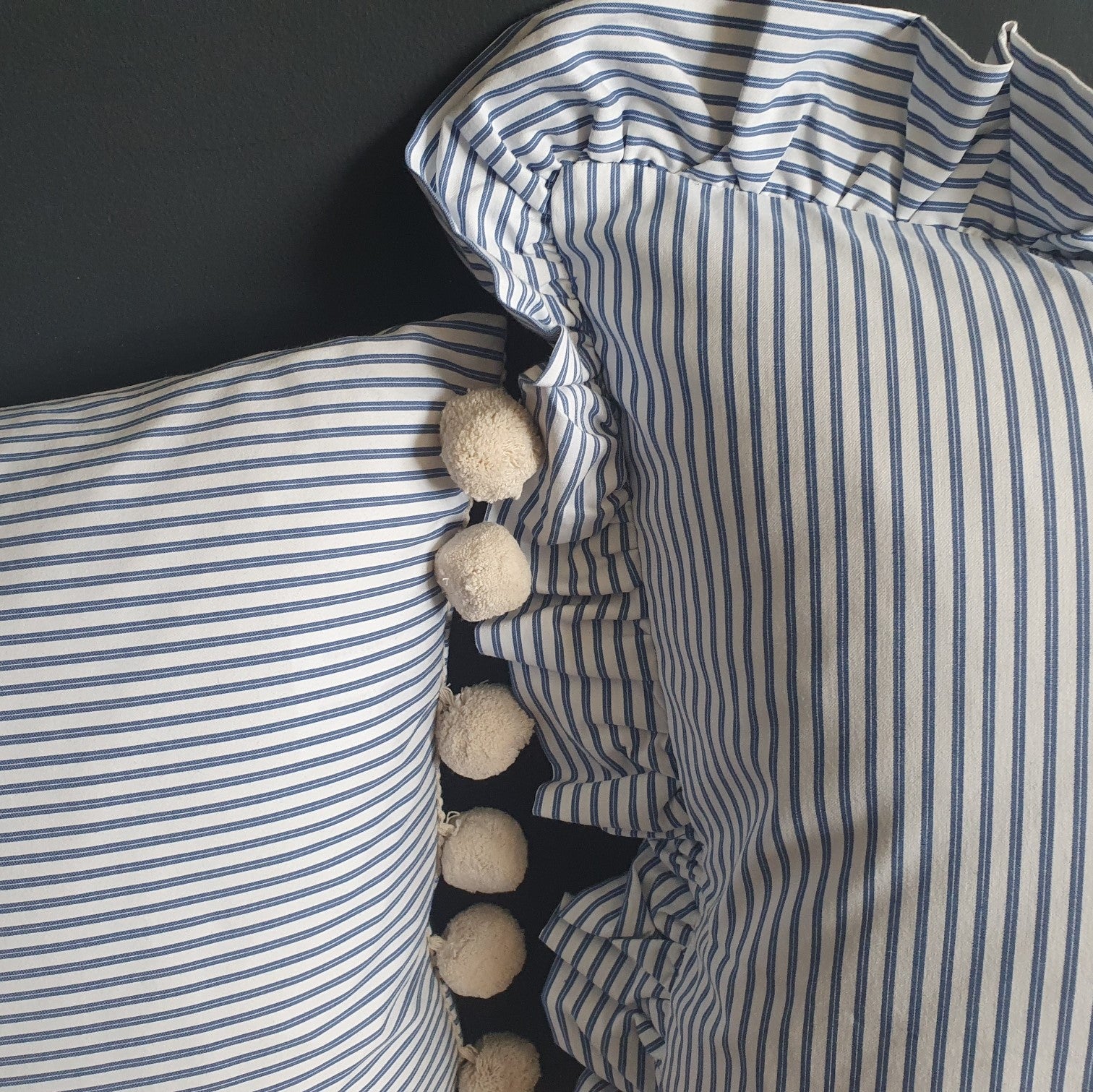 Old Fashioned Large Rectangle Pinstriped Cushion with Pom Poms