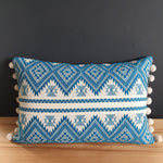 Load image into Gallery viewer, Aztec Teal Large Rectangular Cushion with Pom Poms
