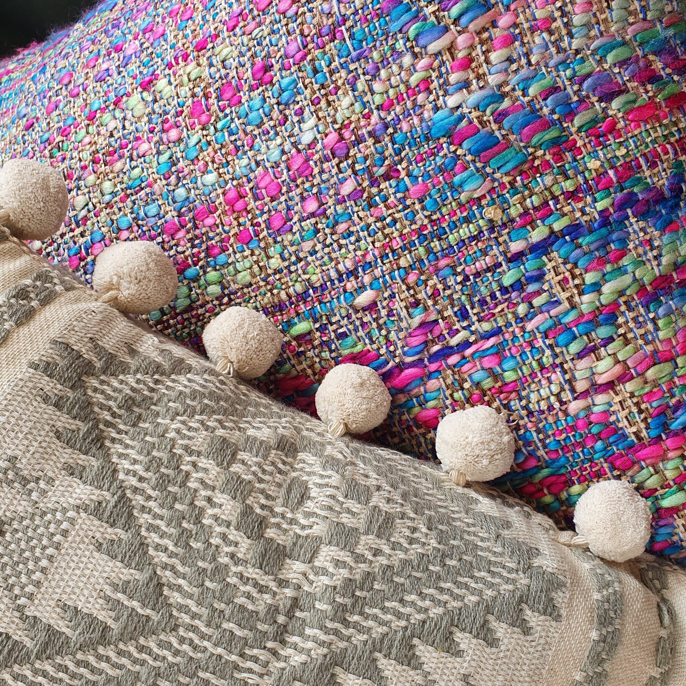 Aztec Grey Large Rectangular Cushion with Pom Poms.