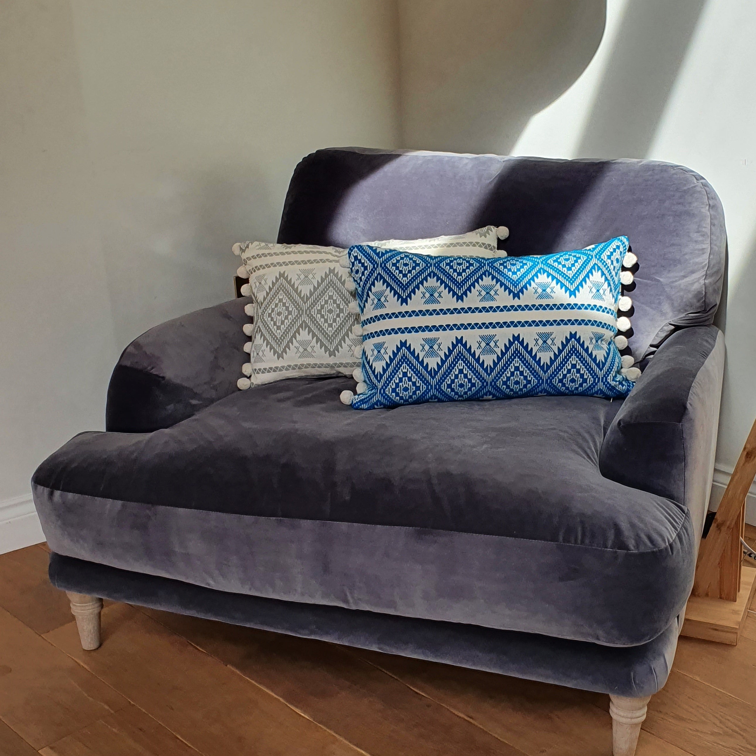 Aztec Grey Large Rectangular Cushion with Pom Poms.