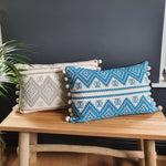 Load image into Gallery viewer, Aztec Teal Large Rectangular Cushion with Pom Poms
