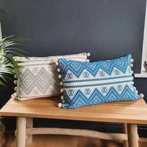 Aztec Teal Large Rectangular Cushion with Pom Poms