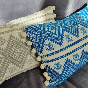 Aztec Teal Large Rectangular Cushion with Pom Poms