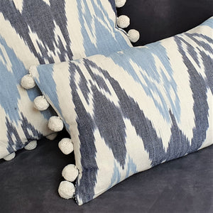 Blue Skies Rectangular Ikat Cushion with Pom Pom