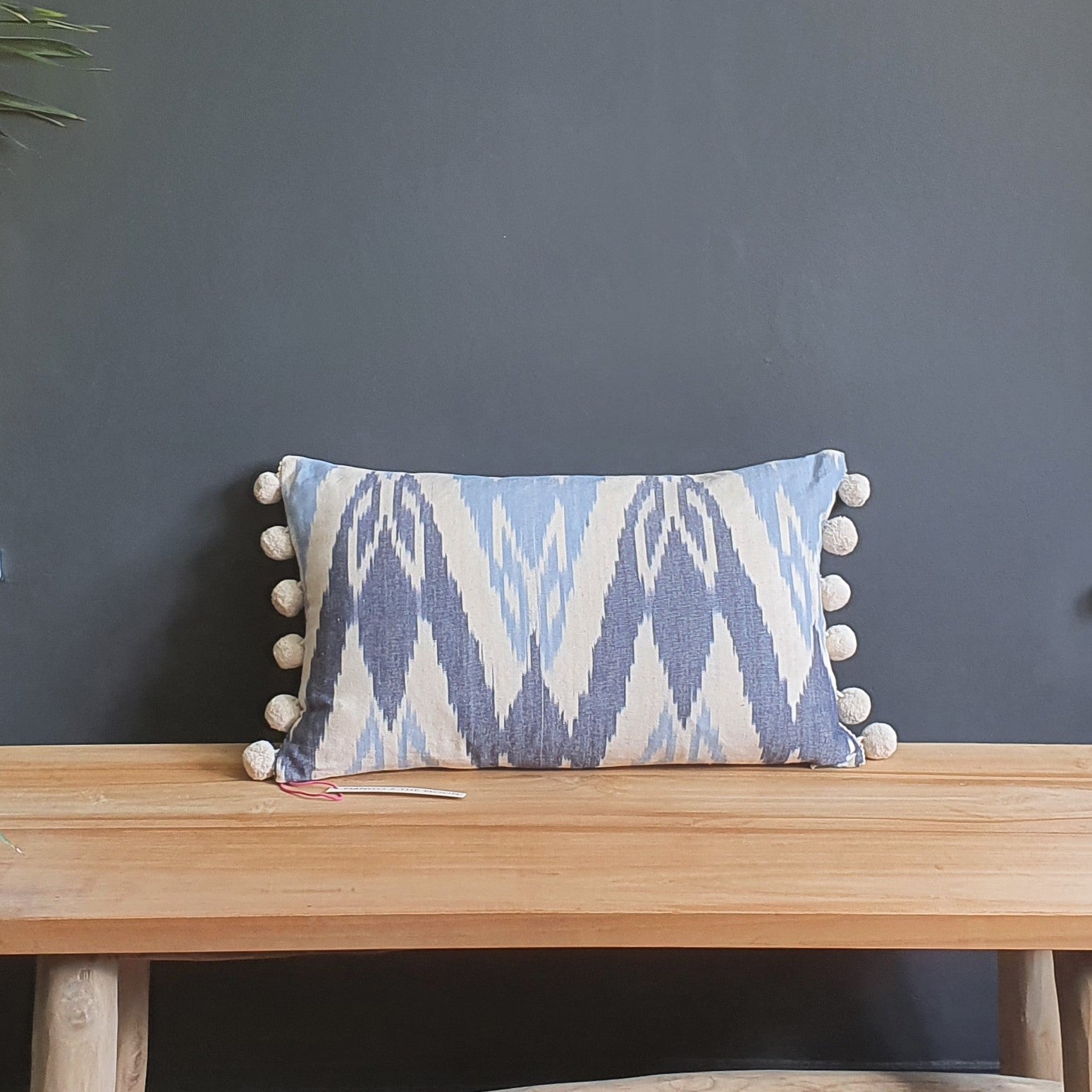 Blue Skies Rectangular Ikat Cushion with Pom Pom