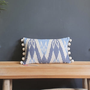 Blue Skies Rectangular Ikat Cushion with Pom Pom