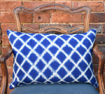 Load image into Gallery viewer, Celeste Large Rectangular Mediterranean Blue and white Ikat Cushion with Piping.
