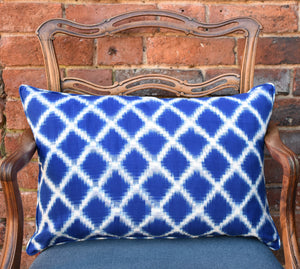 Celeste Large Rectangular Mediterranean Blue and white Ikat Cushion with Piping.