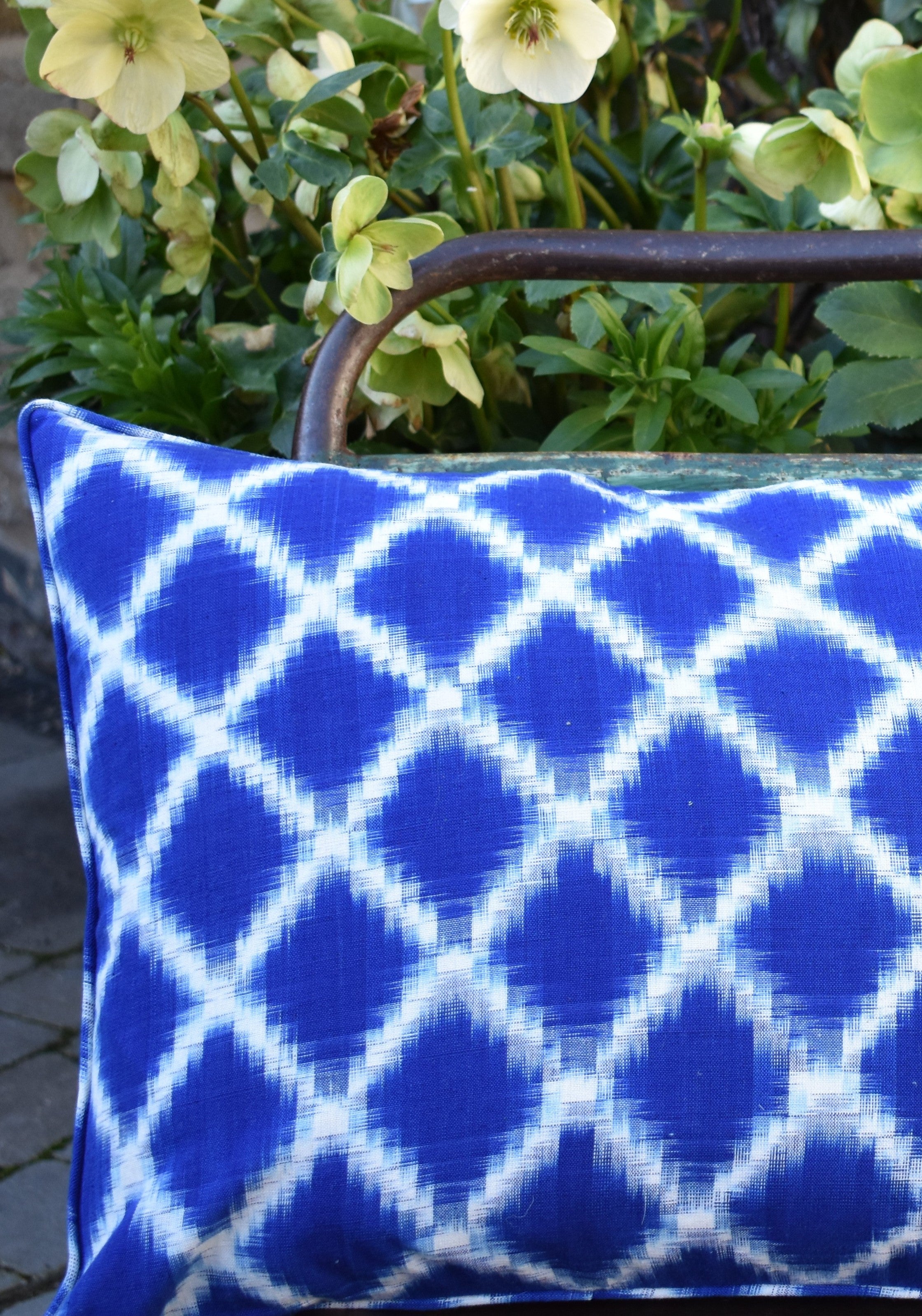 Celeste Large Rectangular Mediterranean Blue and white Ikat Cushion with Piping.