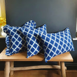 Load image into Gallery viewer, Celeste Large Rectangular Mediterranean Blue and white Ikat Cushion with Piping.
