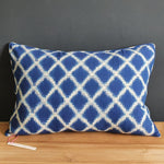 Load image into Gallery viewer, Celeste Large Rectangular Mediterranean Blue and white Ikat Cushion with Piping.
