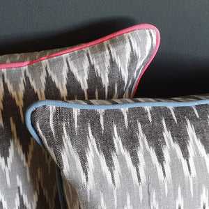 Damn The Weather! Large Square Ikat Cushion with a Stormy Blue Piping.