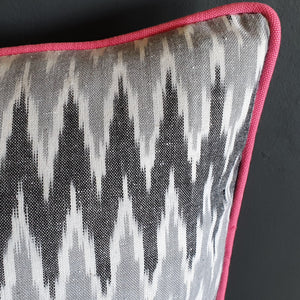 Damn The Weather! Large Rectangular Ikat Cushion with Rose Pink Piping.