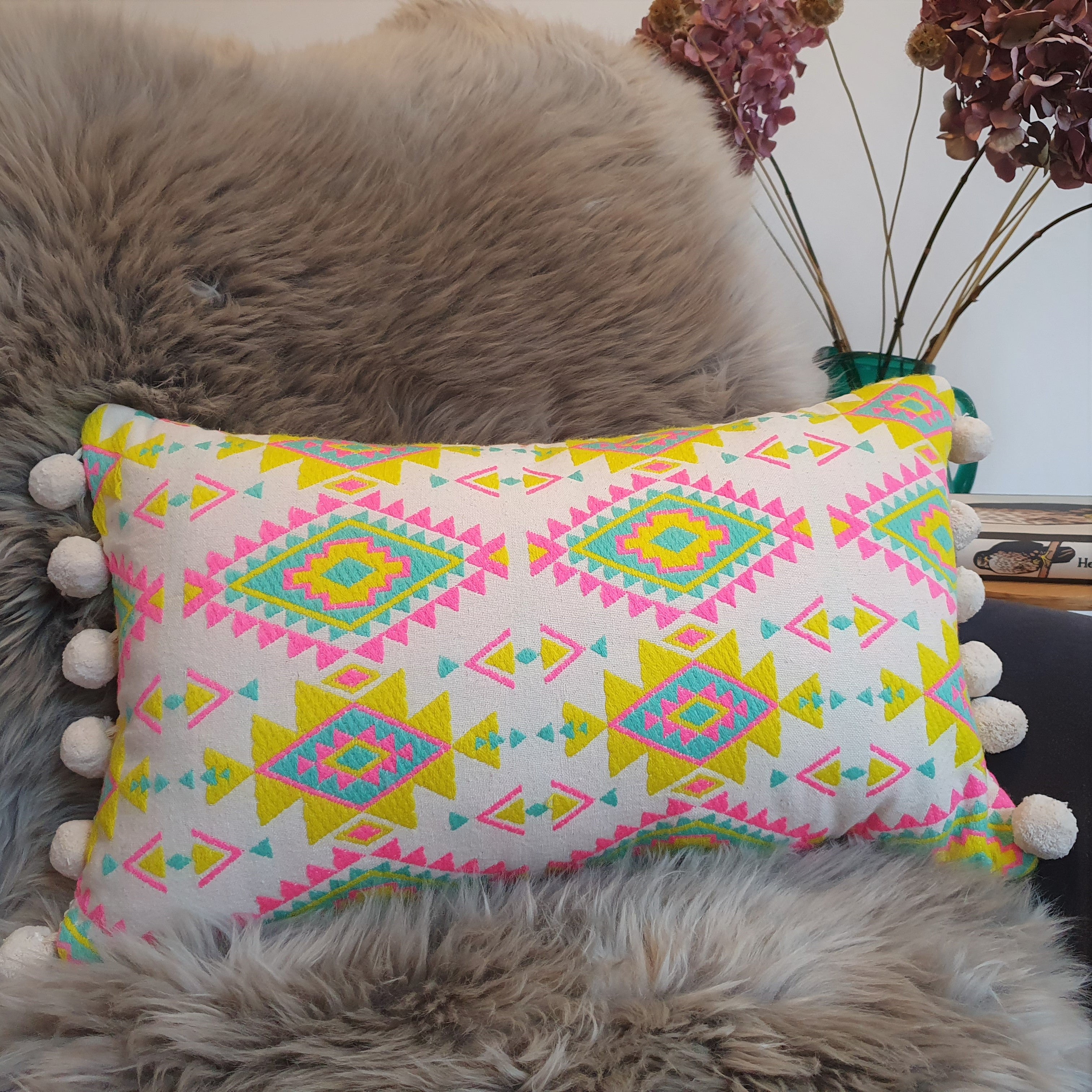 Havana Rectangular Cushion with Pom Poms