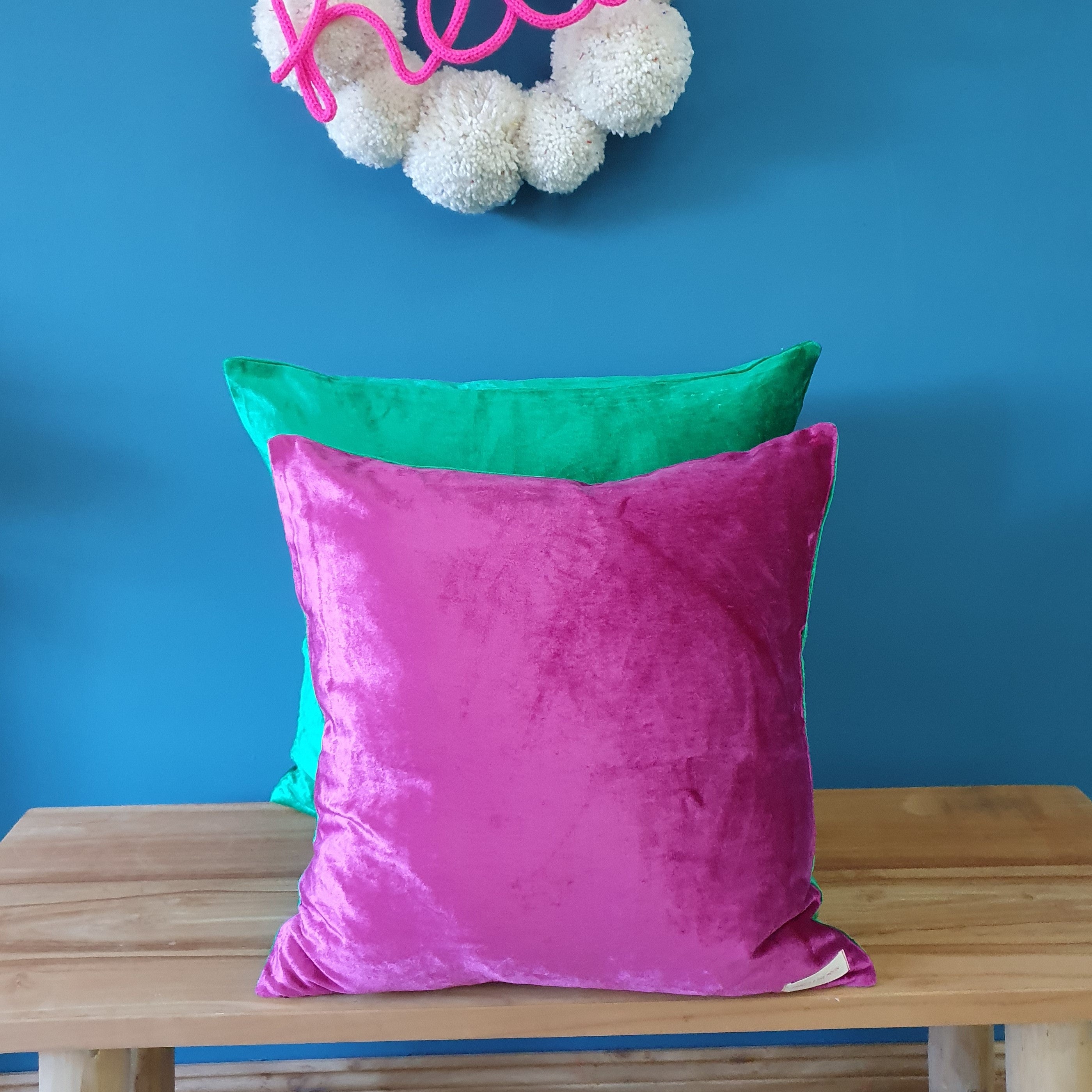 Magenta/Emerald Green Large Square Double-Sided Plush Velvet Cushion