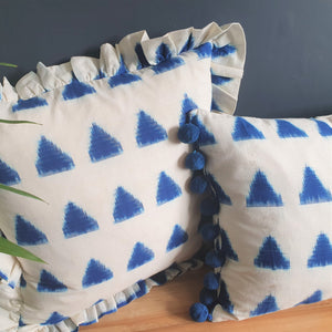 Olivia Large Rectangular Azure Triangle Ikat Cushion with Pom Poms