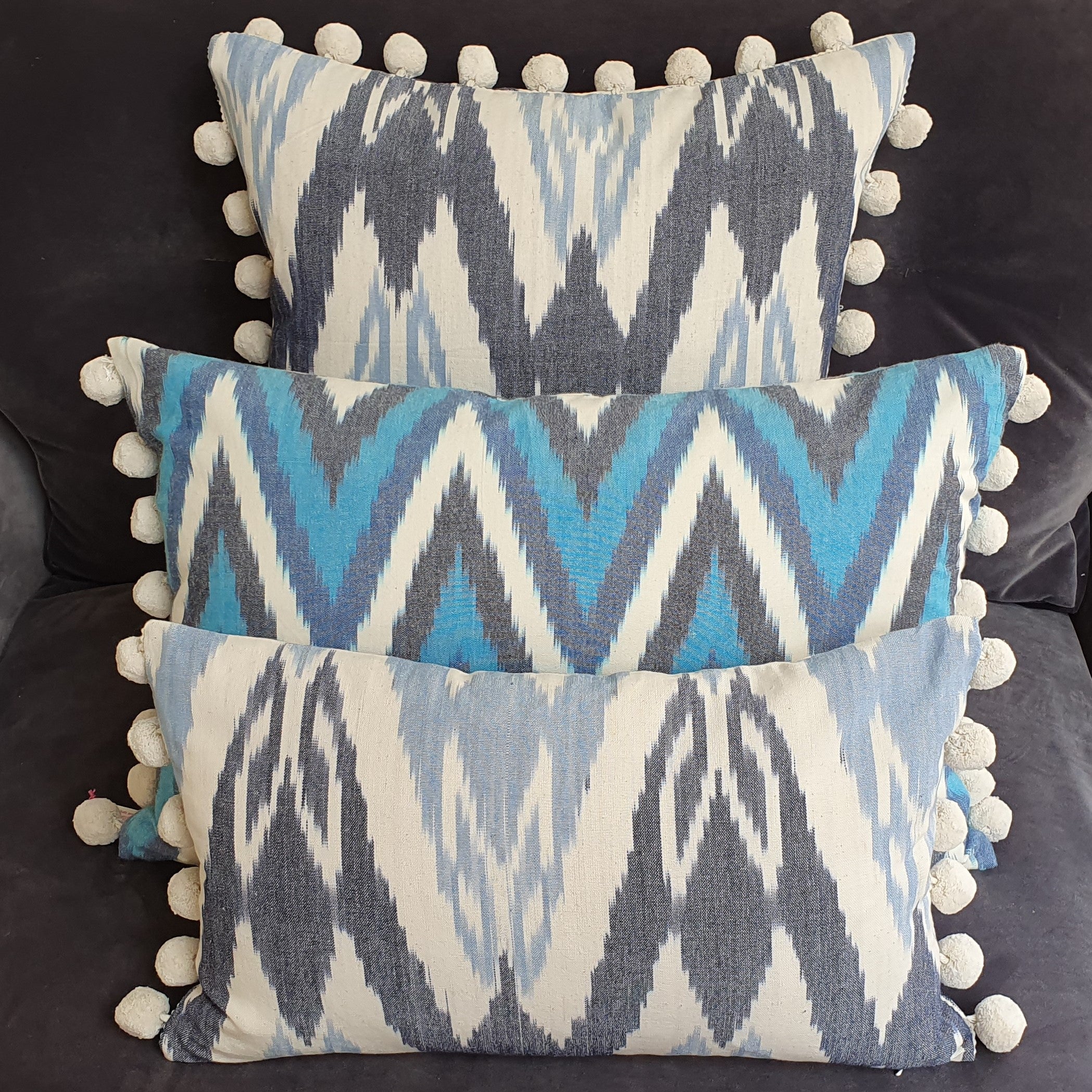 Blue Skies Rectangular Ikat Cushion with Pom Pom